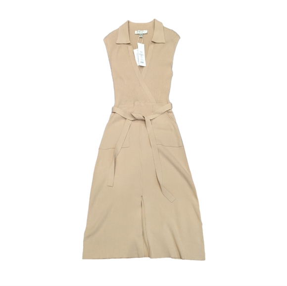 Ever New Lara Knit Dress In Latte Size 6 Collar Midi Belted V-neck Silky - Picture 2 of 14